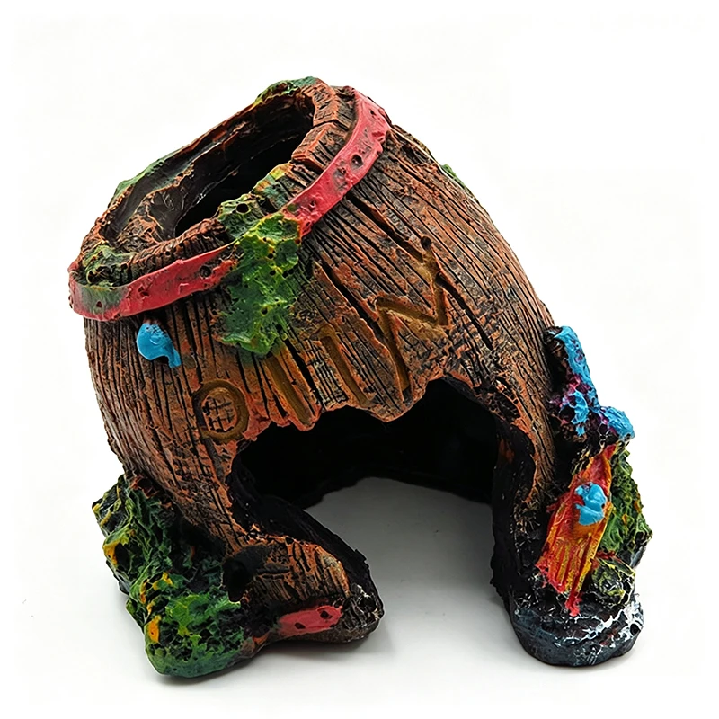 Resin Shell Wine Barrel Aquarium Ornament Fish Tank Hideout Cave Reptile Shelter Vintage Decor for Small Fish Shrimp Turtle