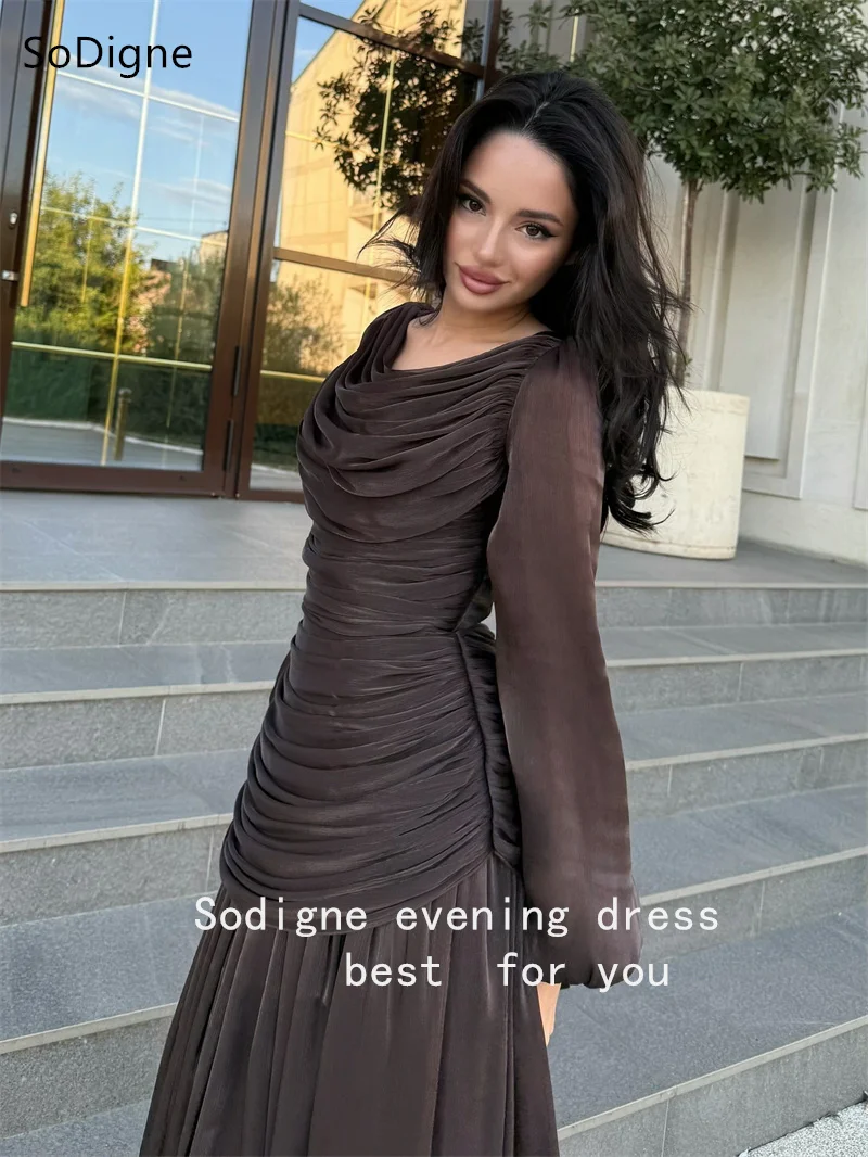 

SoDigne Arabic Maxi Evening Dresses Long Sleeve Pleat Formal Dress Chocolate Brown Guest Prom Party Gown 2025 Customized