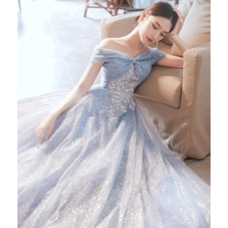 2025 Women's New Blue One Shoulder Sexy Temperament Hosting Banquet Dress Fashion High Quality Luxury Vocal Art Exam Dress