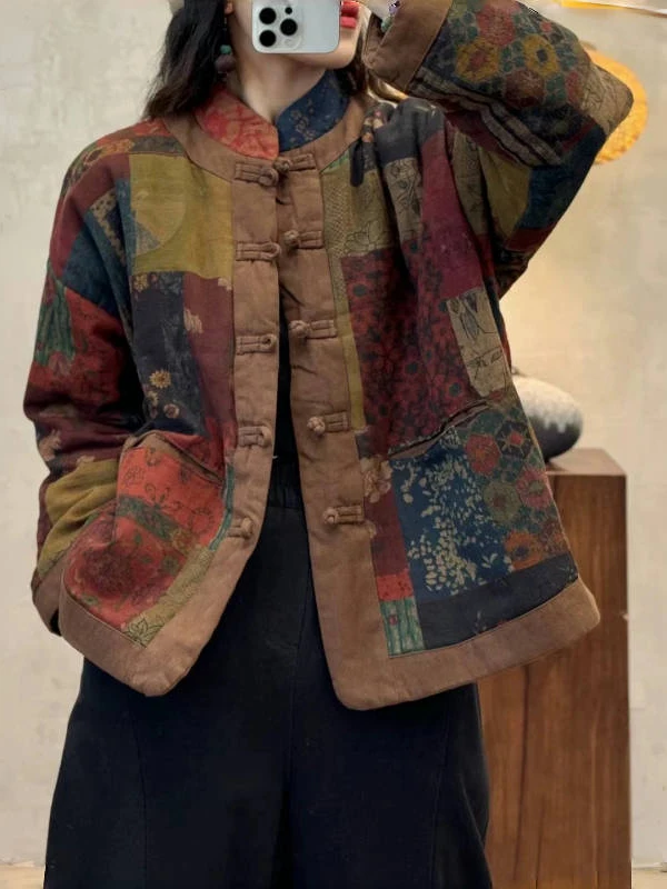 

Retro Patchwork Print Cotton Jaet Women's Winter Thiened Warm New Chinese Sle National Sle Button Cotton Clothes