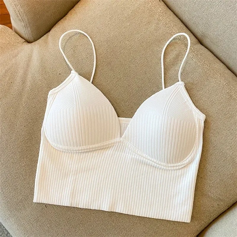 One Size Ribbed Short Camisole with Built in Bra Crisscross Back Outerwear Layering Top for Women