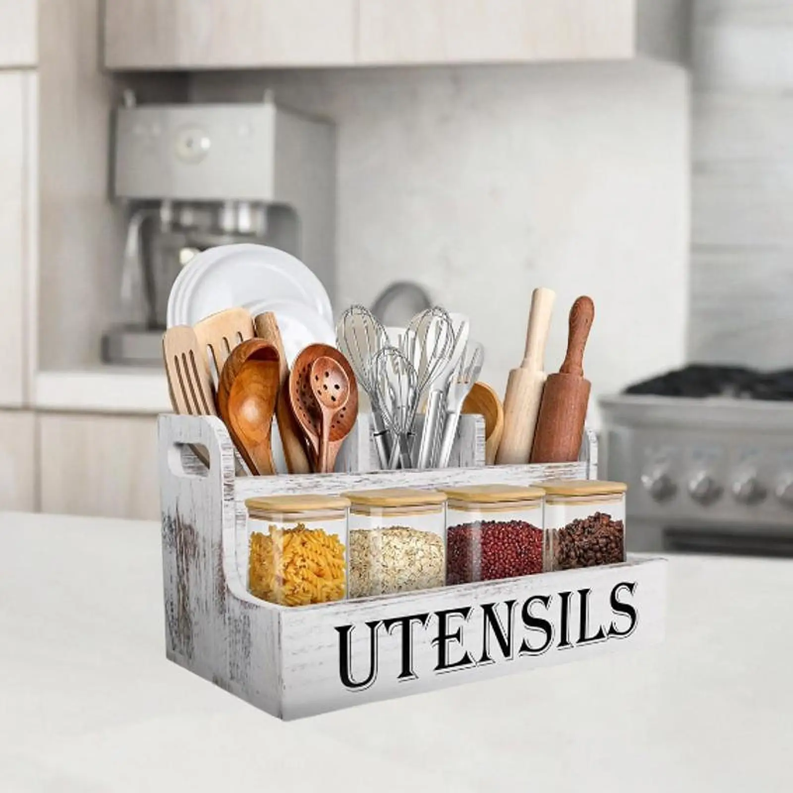 

Wooden Utensil Holder Kitchen Tools Holder Cutlery Holder Kitchen Decor Organizer Rustic for Tableware Flatware Jars Fork Spoon