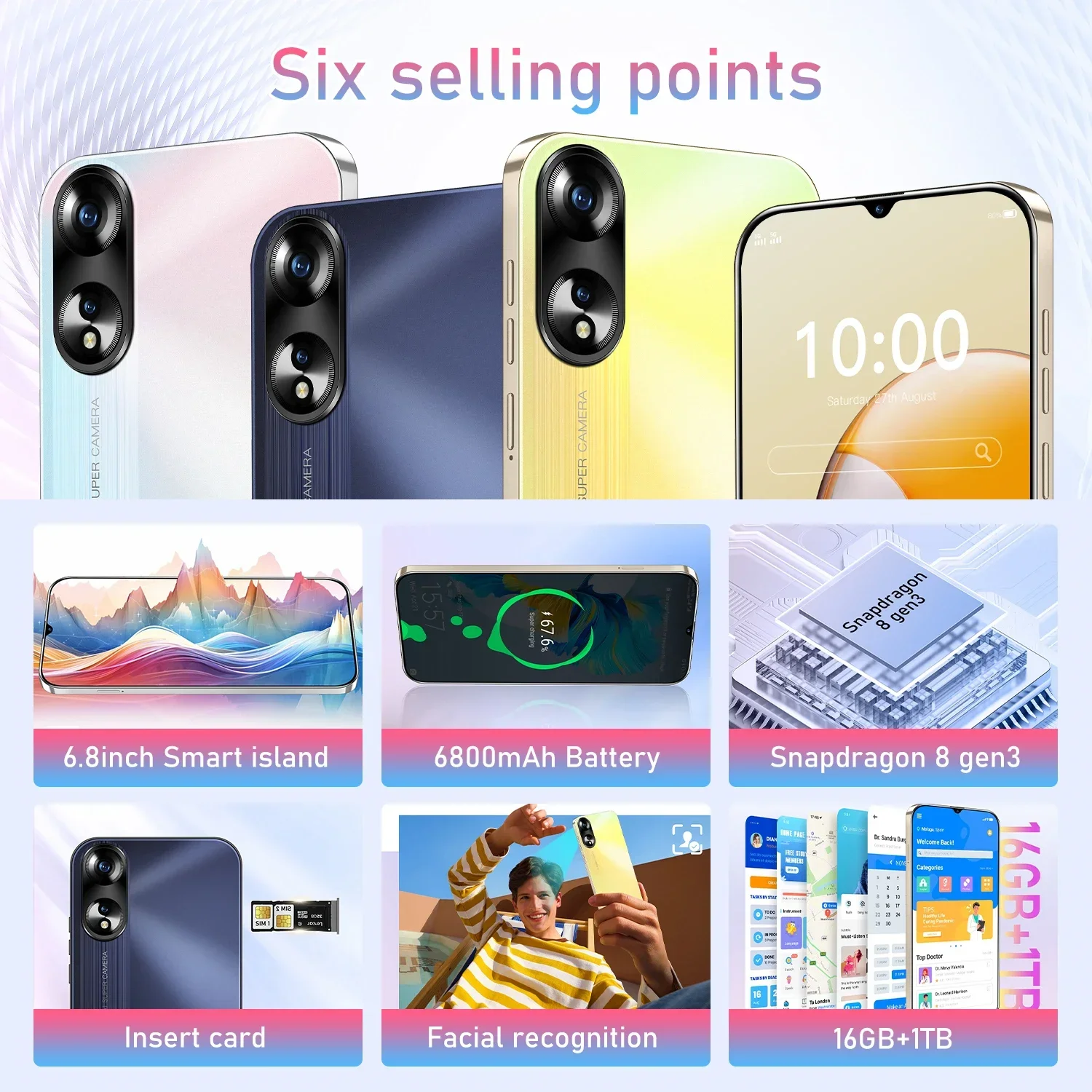 Cellphones A38 6.8Inch 4G 5G Face ID Smartphone Original 72MP+108MP Mobile Phones 6800mAh Android 14 Global Version Cell Phone