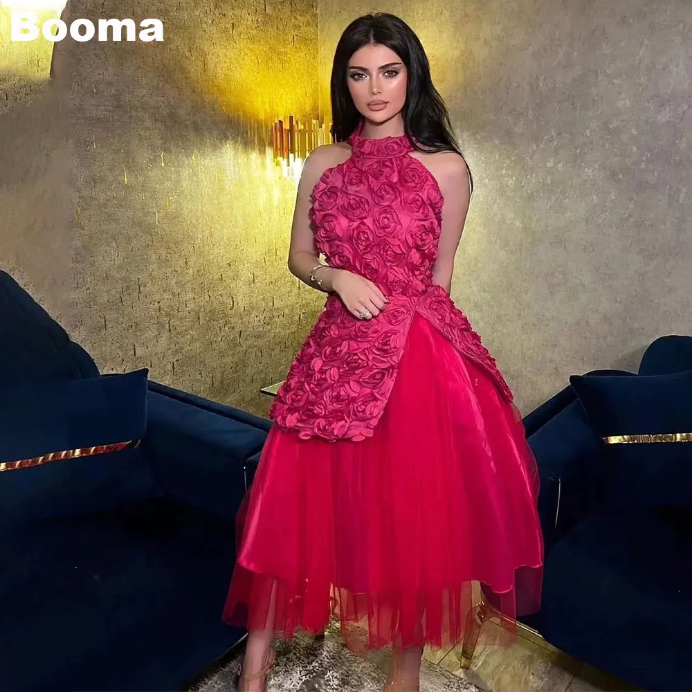 

Booma Red A-Line Midi Prom Dresses Halter Sleeveless Tiered Evening Dress for Women Lace Up Wedding Party Celebrity Gowns Dubai