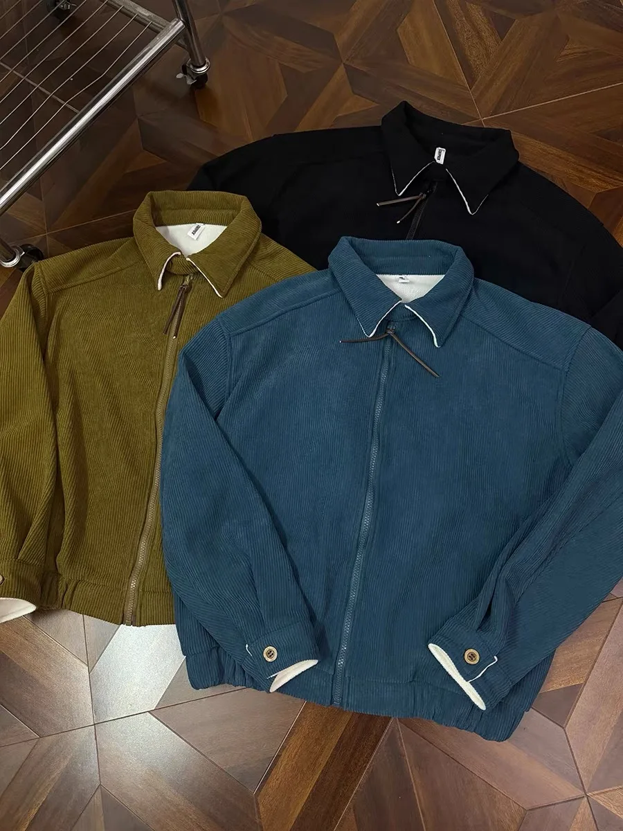 

Retro American Patchwork Collar Corduroy Jaet Men's Winter Casual Versatile Cleanfit Zipper Long Sve Breathable Polyester