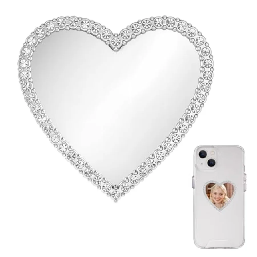 

Heart Shape Phone Mirror Bling Cellphone Case with Silver Zinc Alloy Frame Adhesive Makeup Mirror for Phone Back Remove Protect