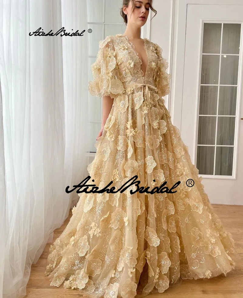 

ТРАПЕЦИЕВИДНОЕ ПЛАТЬЕ цвета шампанского с V-образным вырезом, полурукавами-колокольчиками, цветочными аппликациями и бусинами, длиной до пола, официальное платье, вечернее платье для выпускного вечера