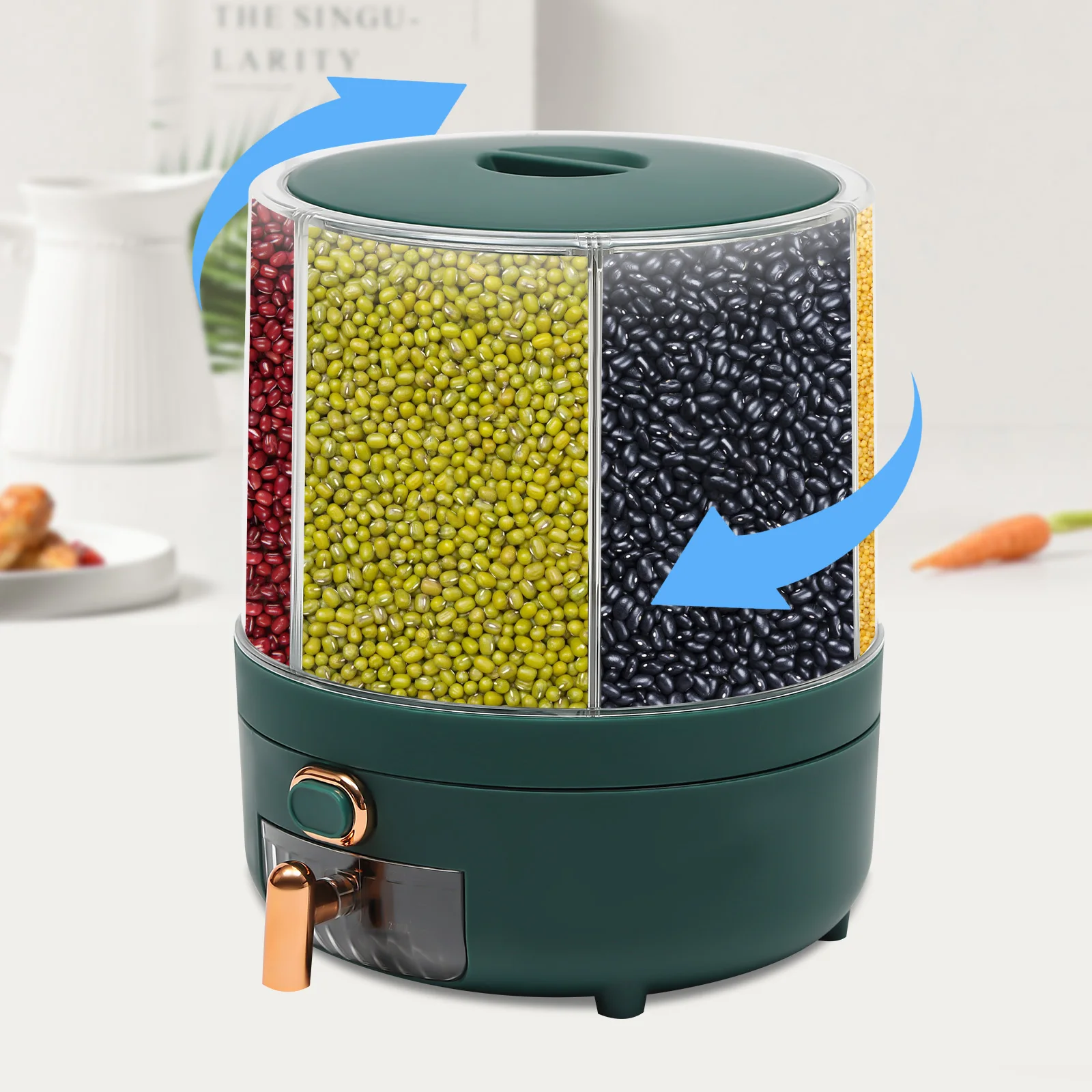 

Rice Dispenser Dry Grain Food Storage Container Tank 6-Grid Rotating for Kitchen, Dry Grain Bucket Dispenser Storage Box