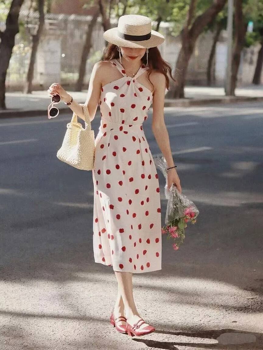 

2025 Women's Clothing Elegant simple backless polka dot dress Spring Summer New 0707