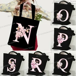 Sakura Letter Series Shoulder Bag Vintage Aesthetics Alphabet Women Tote Bag Students Large Capacity Storage Books Canvas Bag