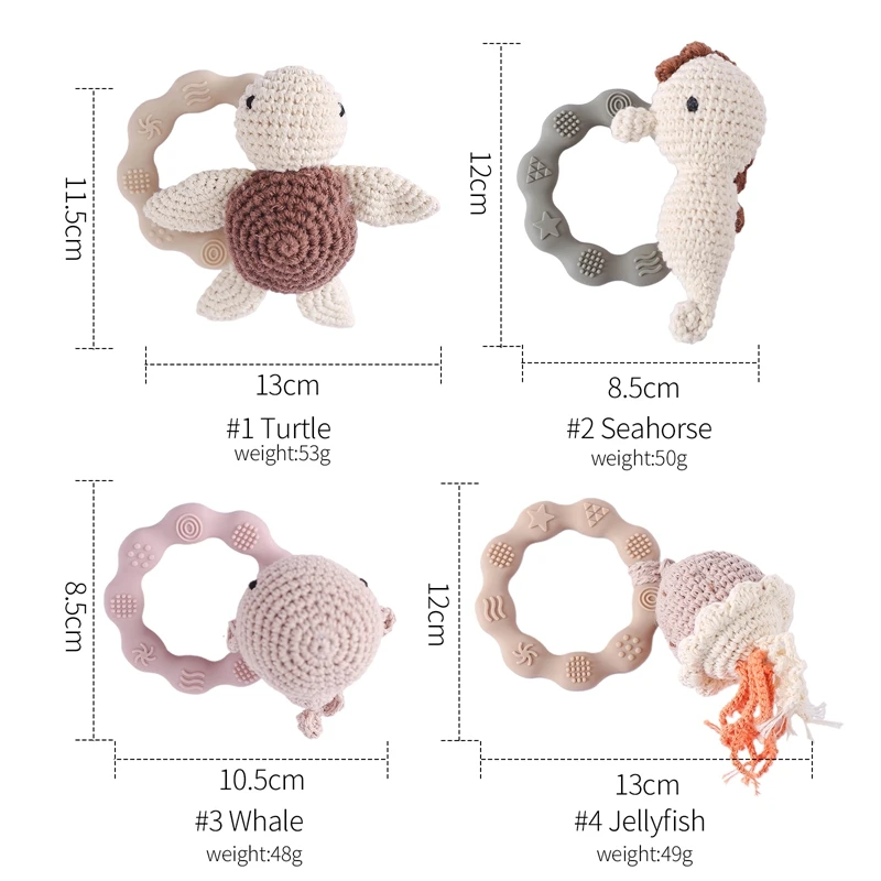 1pc Baby Cute Marine Animal Crochet Rattle Toy Silicone Ring BPA Free Baby Teether Rodent Infant Gym Mobile Rattles Newborn Toys