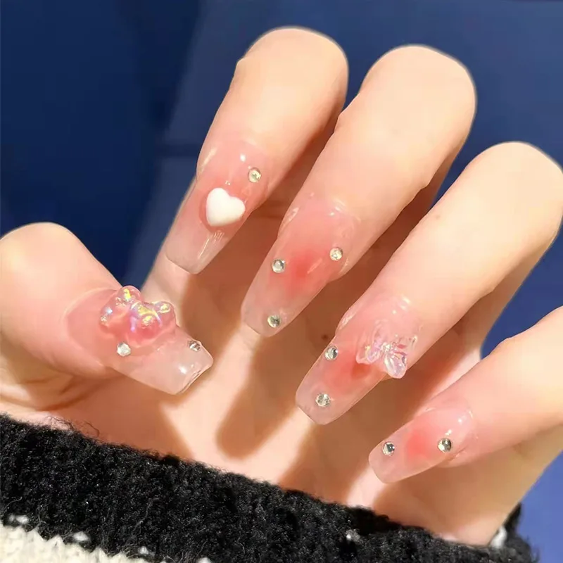 24pcs Press on False with Designs Bear n Heart Decal Fake Nails Art Full Cover Artificial Long Nail Tips With Wearing Tools