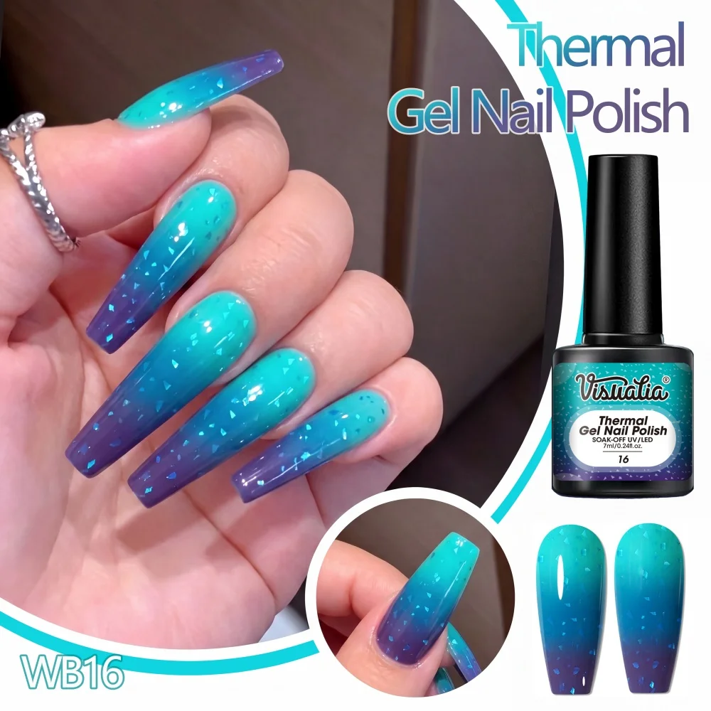 Visuatia temperature-sensitive nail polish combines temperature-sensitive color changes with blue foil, creating two completely different nail finishes under different temperature conditions. The gel has excellent spre