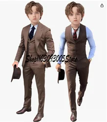 Brown Boys 3 Piece Suit Kids Wedding Tuxedo Jacket Pants Vest Formal Customized 3-16 Years Old Clothes