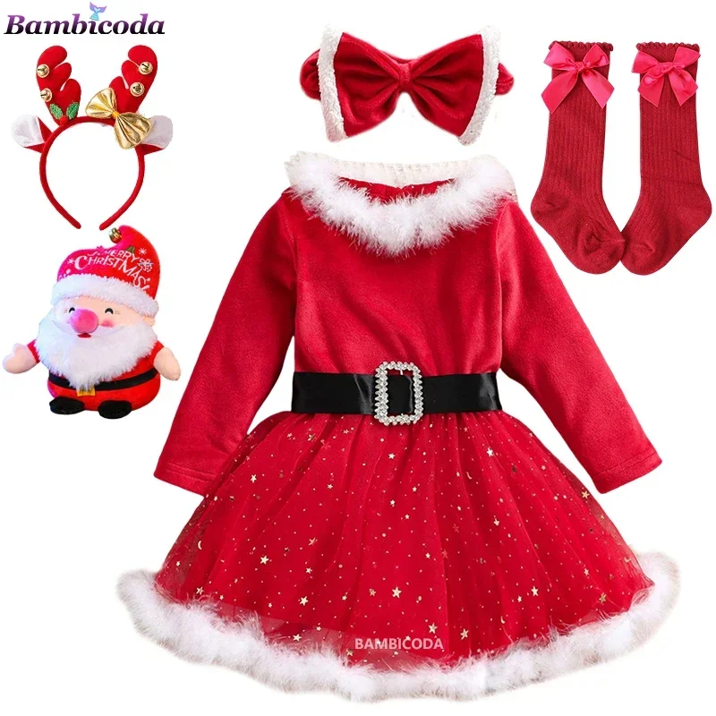 2024 niñas invierno rojo manga larga cuello redondo volante cintura alta otoño vestido de Navidad diadema tutú vestidos de fiesta MN3