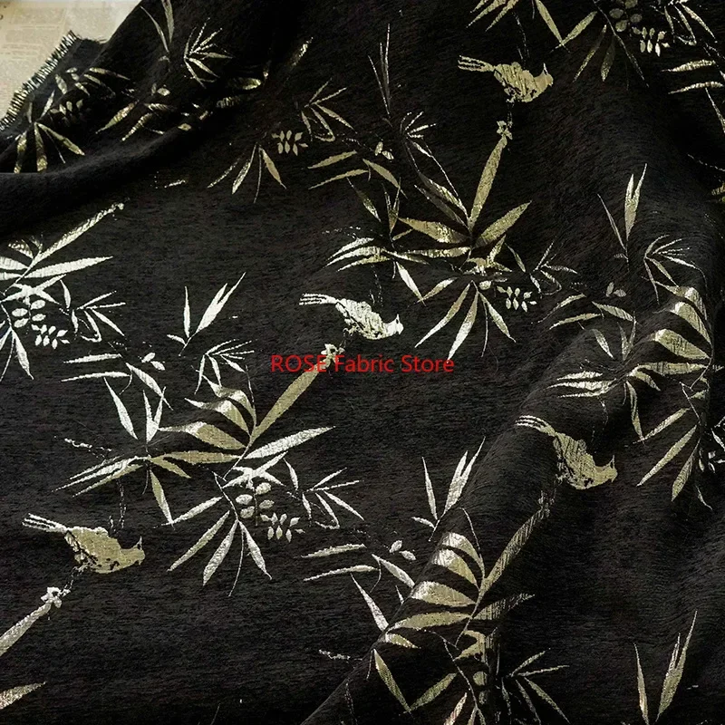 Tessuto jacquard con foglie di bambù in oro nero da 1 metro, abito da donna retrò, gonna soffice, borsa per bagagli, tessuto da cucito decorativo