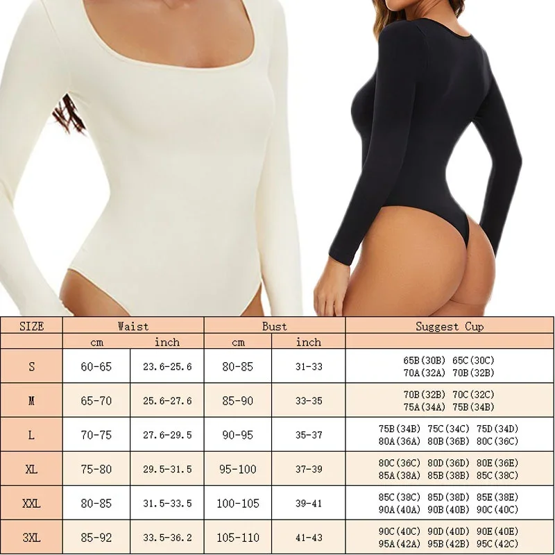 Dimmkof Square neck Thong Bodysuits Long Sleeve Shapewear Thong Butt Lifting Bodysuit Compression Body Shaper Tops Open Crotch