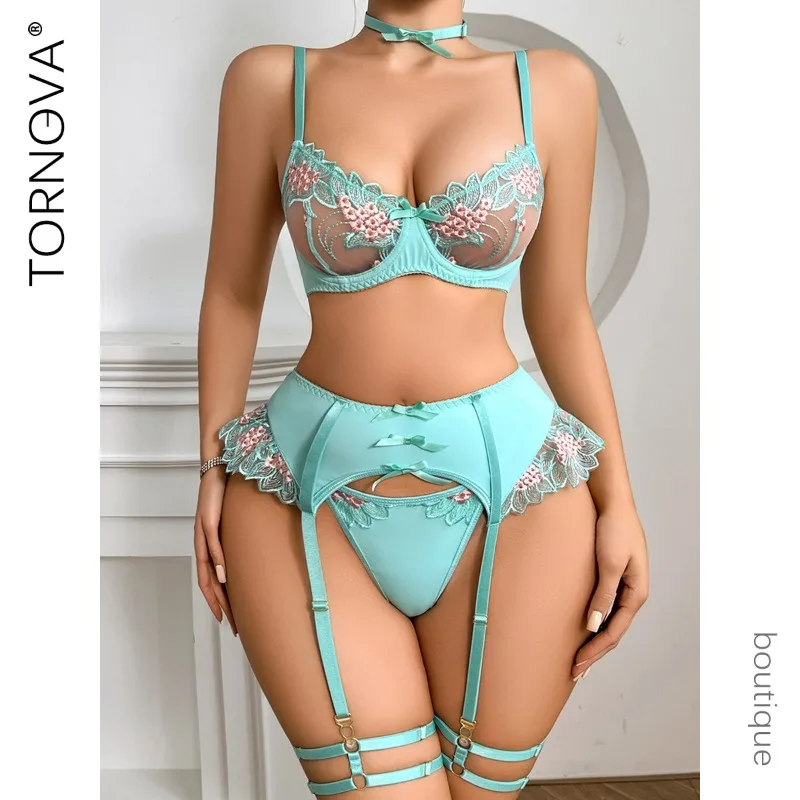 

Tornova 4PCS Embroidery Lace See-through Bow Knot Tie Sexy Interesting Steel Ring Underwear Thong Slim Spaghetti Strap Sexy Set