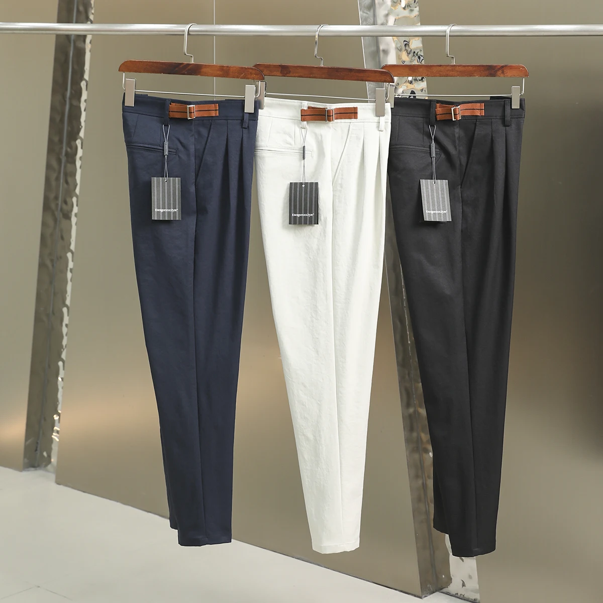 

High-End Italian Luxury 3D Tailored Men's Casual Trousers Double Waist Bule Adjustable Faion Urban Sle Polyester Fiber