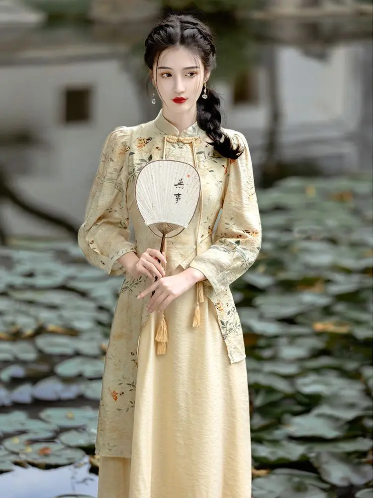 New Spring Long Sleeved New Chinese Style Dress Women\'s Button Young Qipao Dress Chinese Style Long Sleeved Elegant Dress