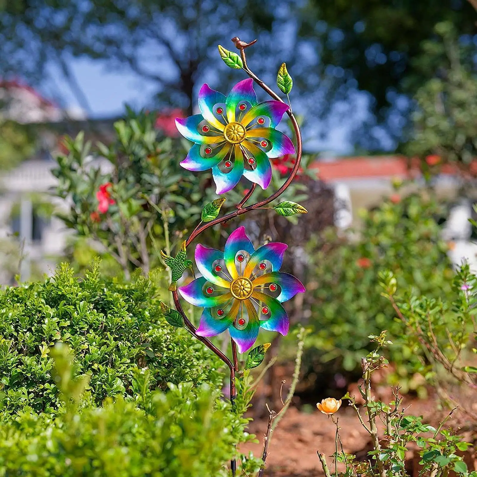 

Ветерная скульптура с двойным цветочным дизайном, 9,8x43 дюйма, садовое искусство с земляным колком