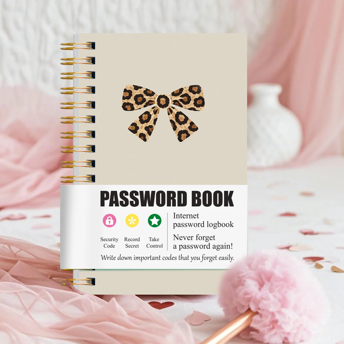 A6 Password Book with Leopard Bow Design, Spiral Bound Password Organizer, Address & Birthday Log Notebook