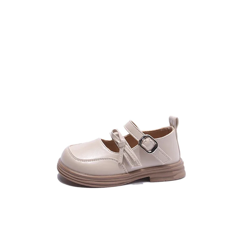 Kindermode Meisjes Leren Schoenen 2023 Nieuwe Eenvoudige Antislip Beige Zwarte Strik Eenvoudige Kids Loafers Voor Jongens Antislip