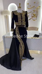 Customized Black Arabian Prom Dresses Gold Lace Applique Evening Dresses Algerien Albanian vestidos de fiestas elegantes mujer