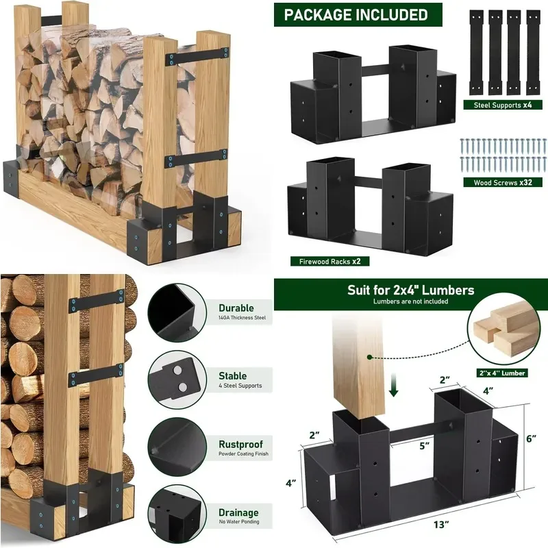 Heavy Duty Steel Outdoor Firewood Rack Adjustable Log Storage Bracket Anti-rust External Fireplace Wood Holder Kit