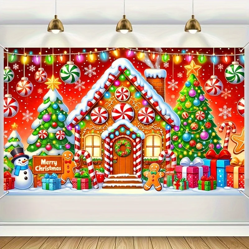 1 multi-purpose Christmas gingerbread house background - candy and trees, party decorations, event and garden decorations