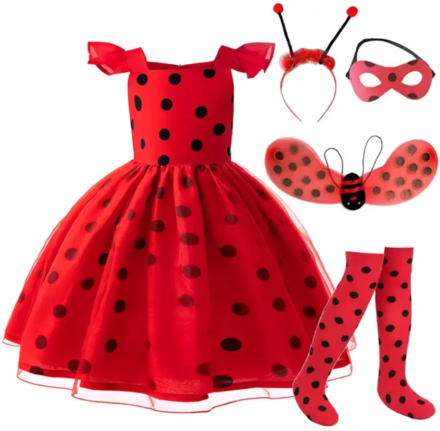 

Детский костюм божьей коровки для косплея, детский наряд на Хэллоуин, праздничное платье с красными точками для девочек, подарок на день рождения