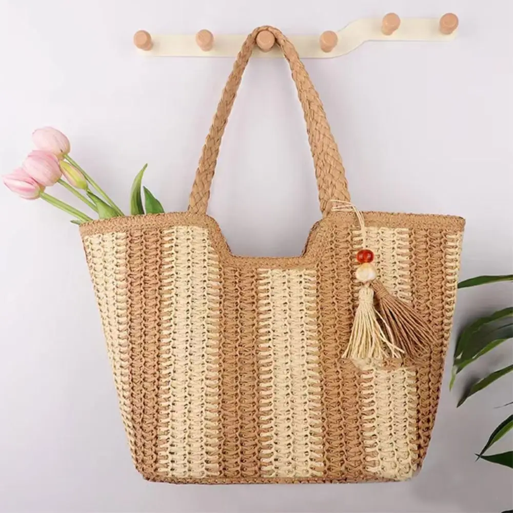 

Straw Woven Bag Casual Stripe Large Capacity Vacation Totes Bag Square Underarm Bag Beach Shoulder Bag