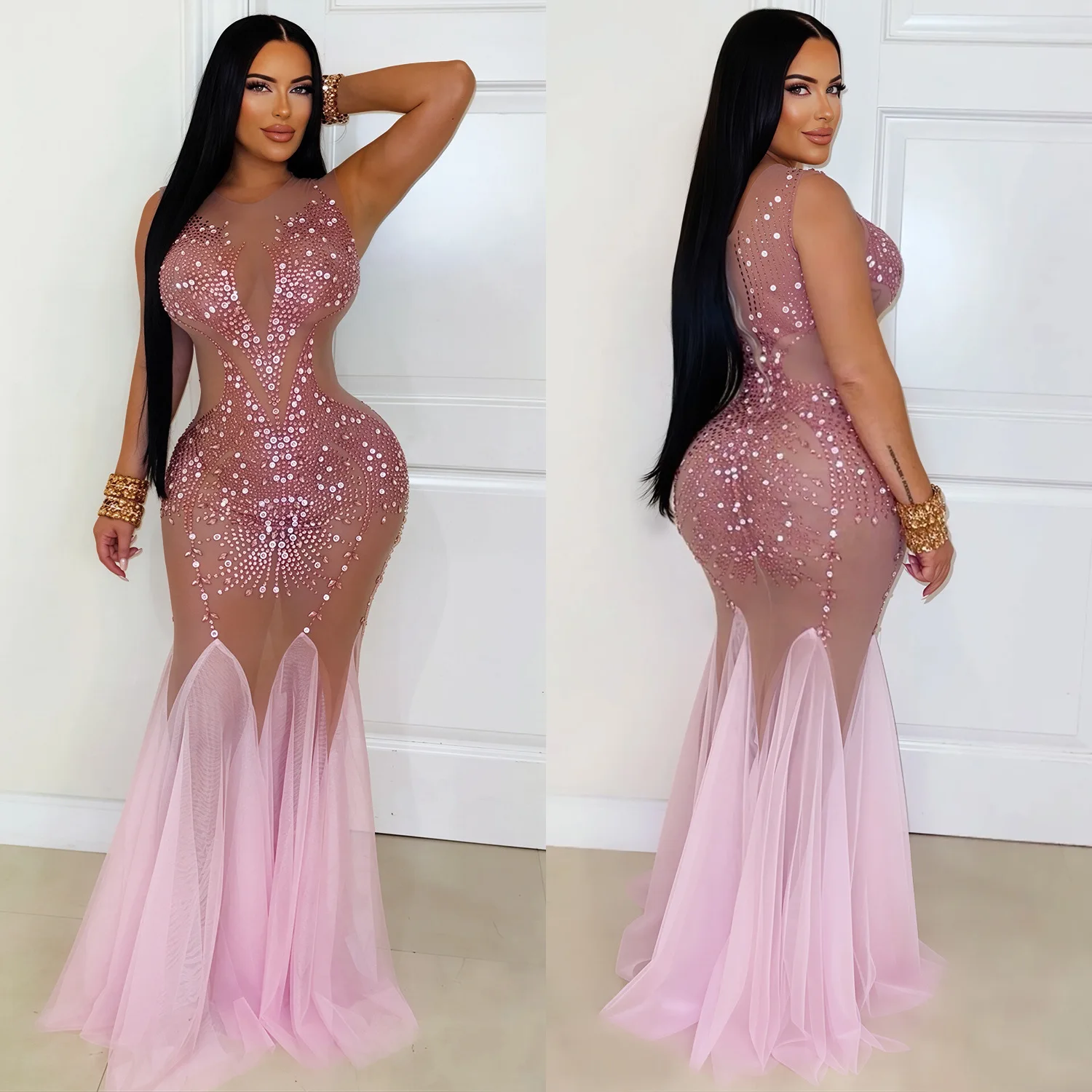 C78252026 New Women's Pink Sheer Mesh Clothes With Lady Cloth Embellishments, Sleeveless, Smart Fit, Suitable For Parts And