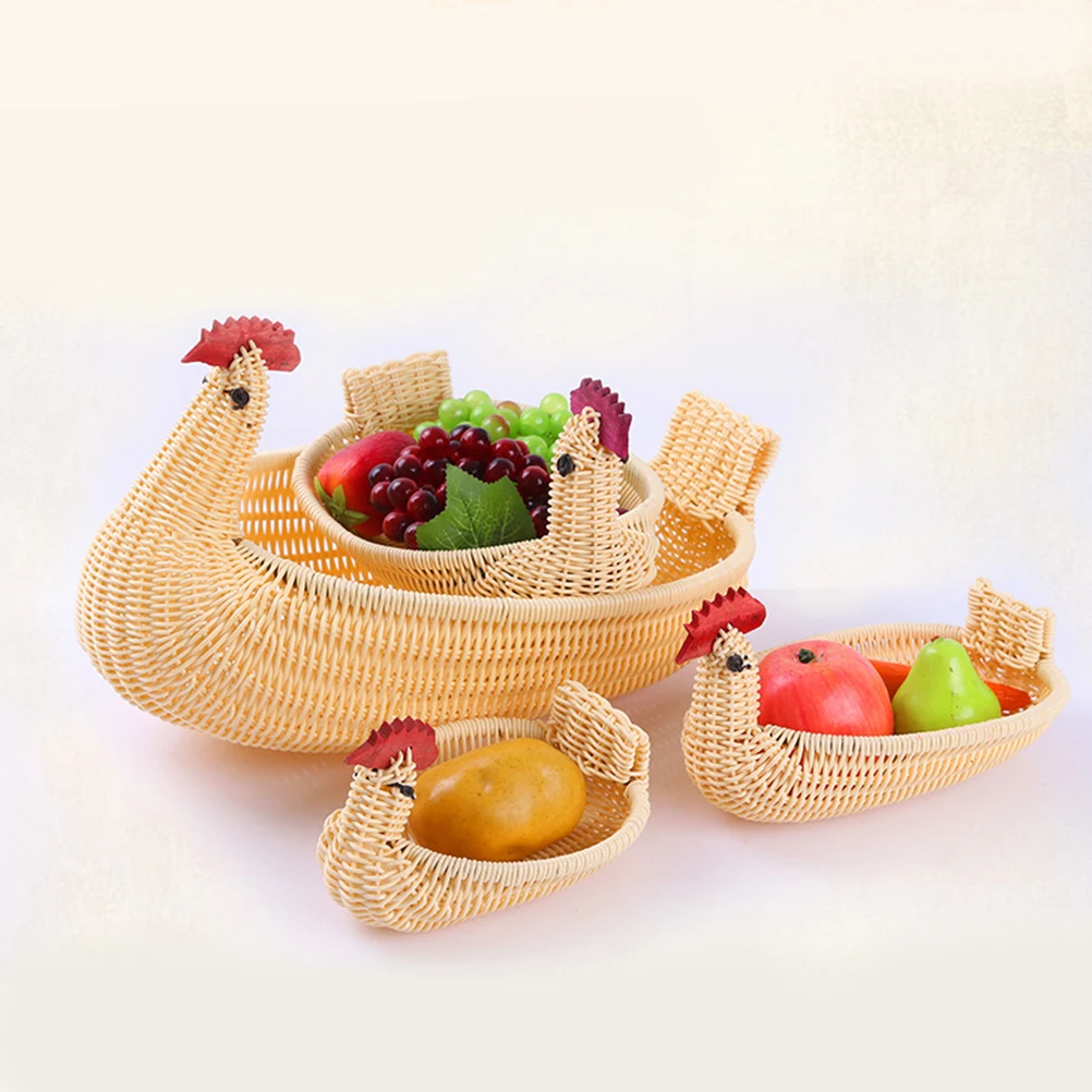 

3pcs Cartoon Chick Woven Storage Baskets Imitated Rattan Desktop Organizer Household Sundries Fruit Basket Multi-Purpose Display