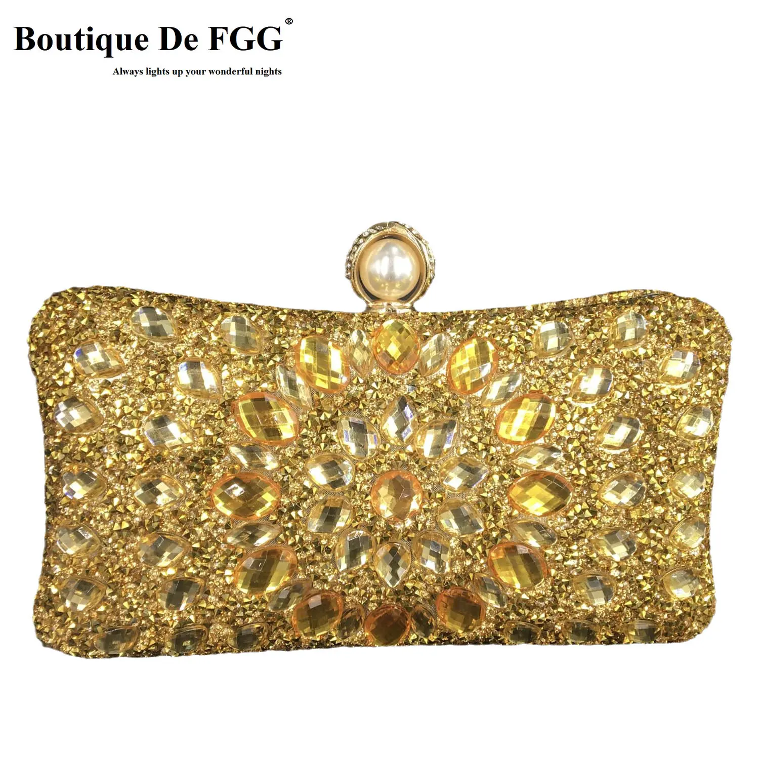 Boutique De FGG Synthetic Pearl Clasp Women Gold Evening Bags and Clutches Bridal Wedding Rhinestone Handbags Party Purse Bag