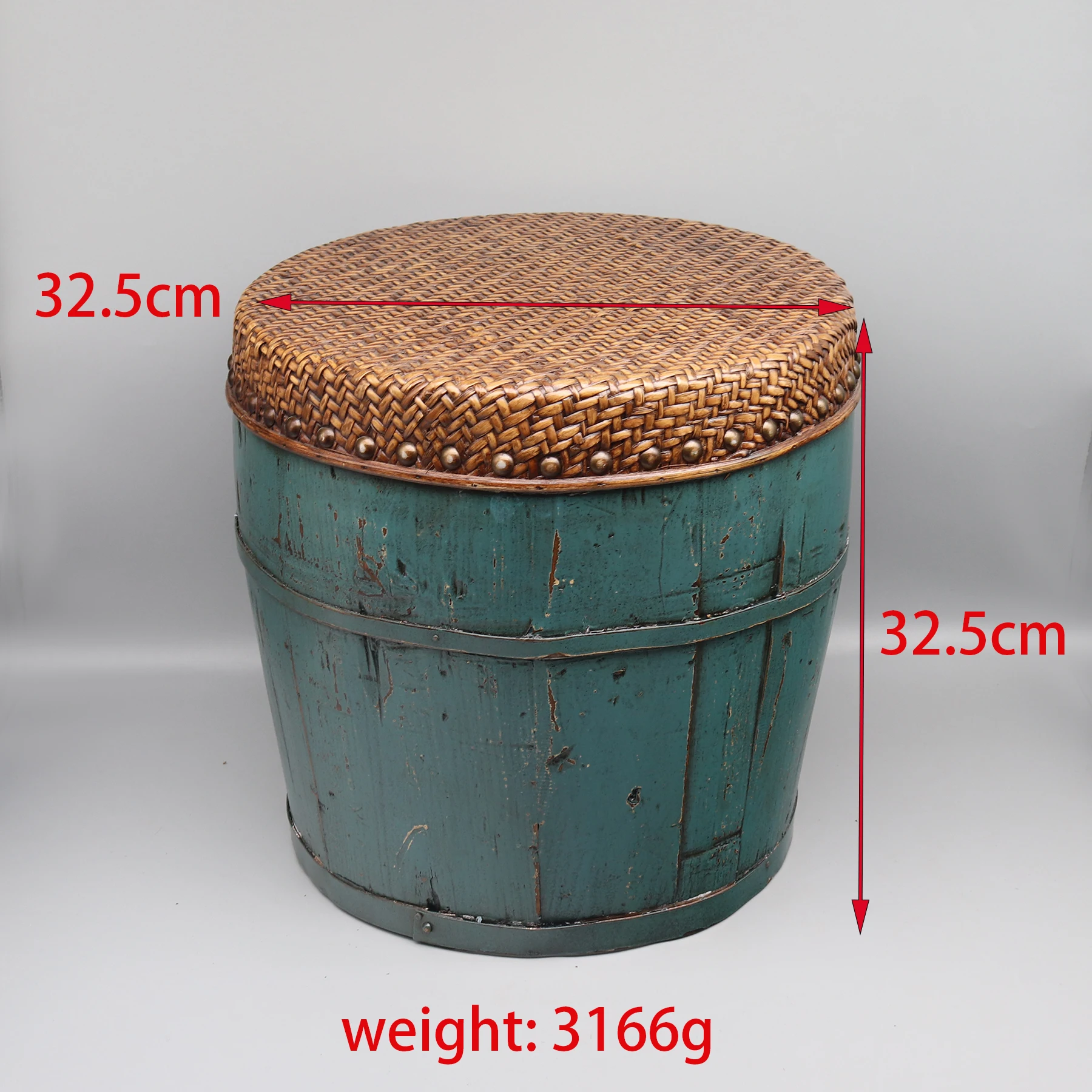 Repainted Old Bucket Stool, Small Rattan Top Side Table, Sturdy Pedestal