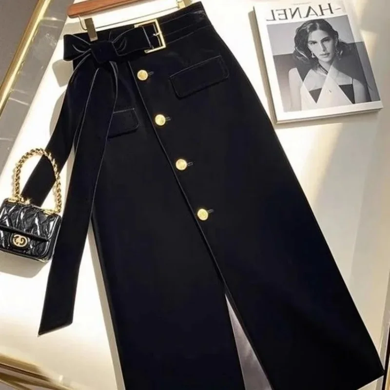 New French Fashion Split Midi Skirt Women Autumn Winter High Waist Lace-Up Bow Single Breasted Slim Office Lady Skirts Jupe