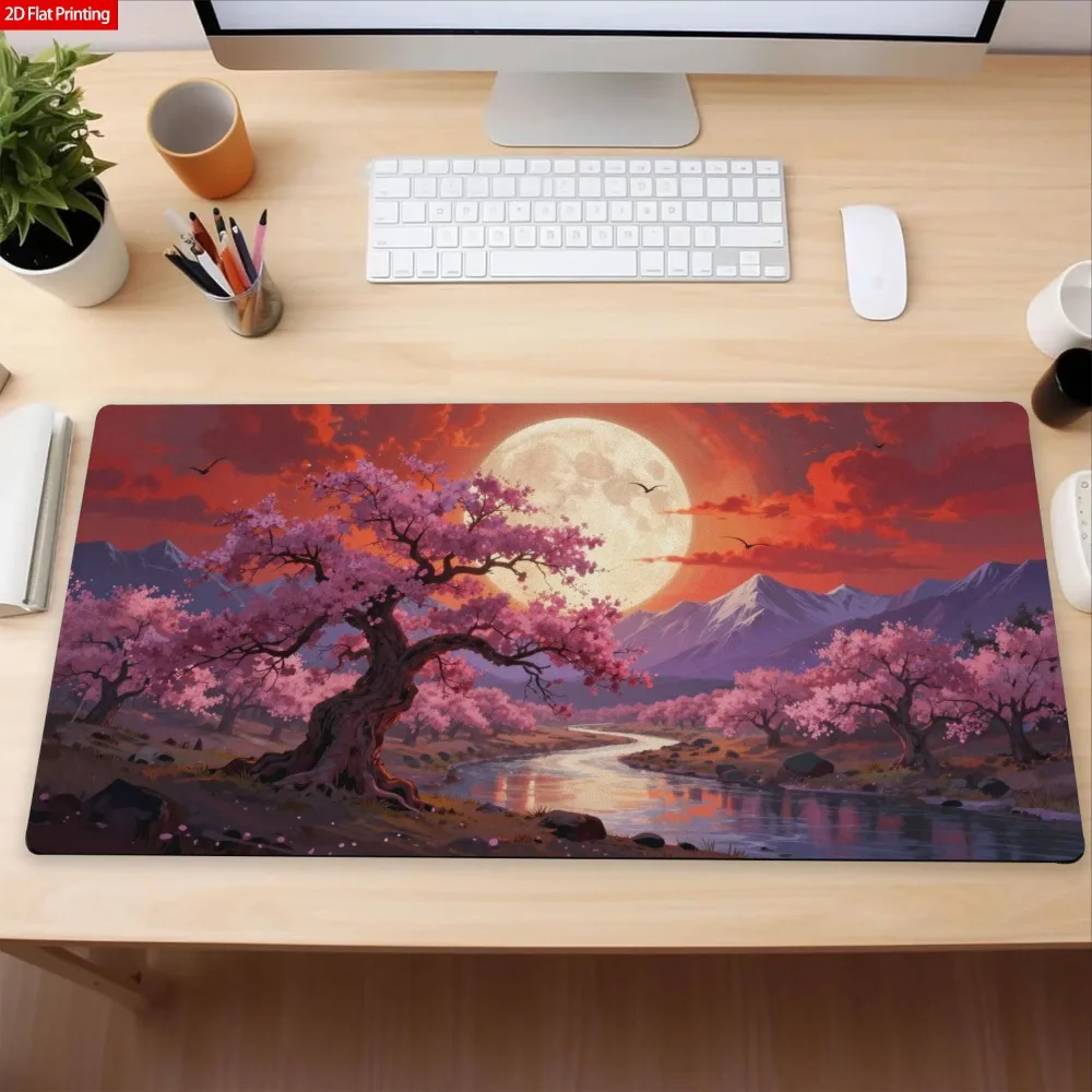 Planar Anime Landscape Mouse Pad - Peach Blossom Moonlight River Home and Office Desktop Decor Smooth Anti-Slip Base