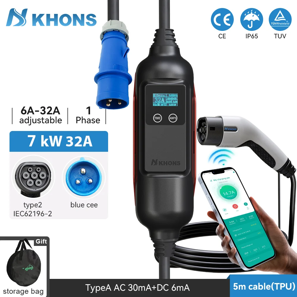 Khons Type2 cargador EV portátil 32A 7KW carga rápida cargador de coche eléctrico Control de conexión cargador de vehículo eléctrico a través de la