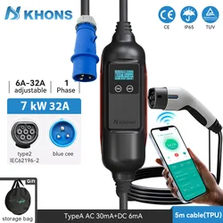 Khons Type2 cargador EV portátil 32A 7KW carga rápida cargador de coche eléctrico Control de conexión cargador de vehículo eléctrico a través de la aplicación