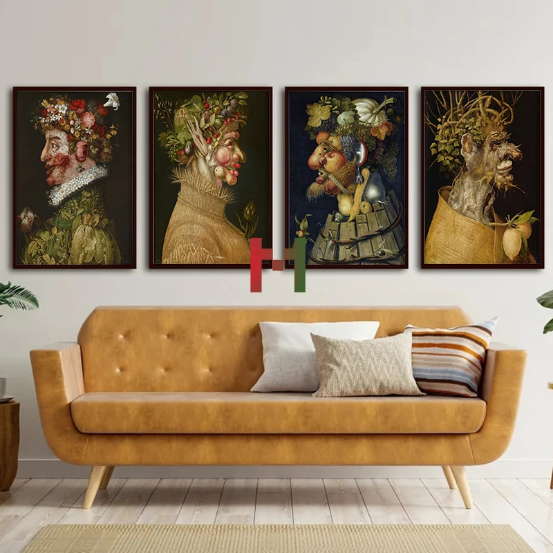 The Seasons By Giuseppe Arcimboldo Poster Canvas Print Vintage Paintings Representing The Seasons with Fruits Flowers Vegetables