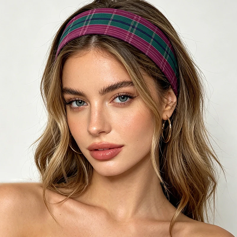 American Style Contrast Color Checked Wide Headband For Women Fashion Lattice Hairbands Streetwear Yoga Sports Hair Accessories