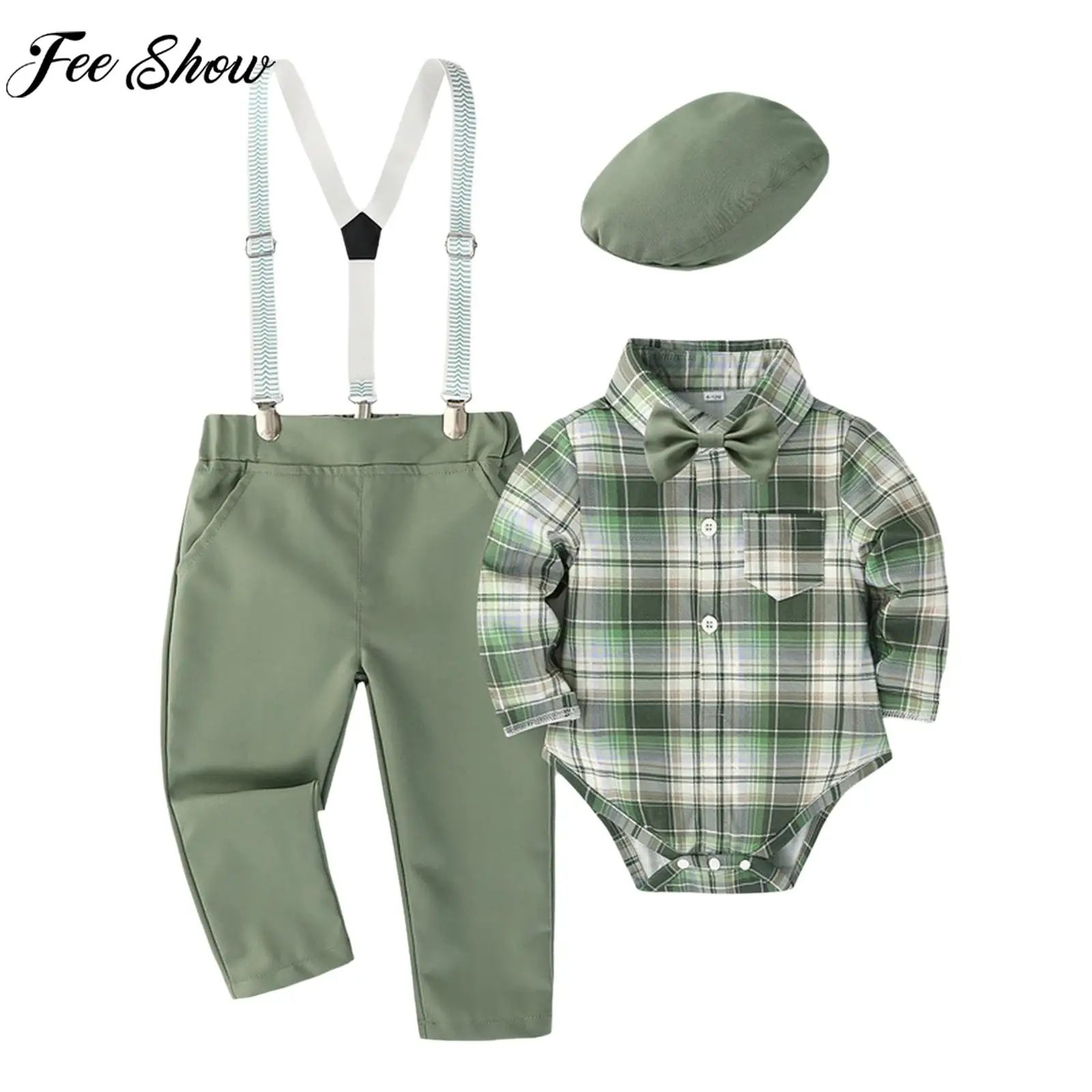 

Baby Boys Birthday Party Gentlemen Suit Long Sleeve Romper with Suspender Pants Bow Hat Wedding Photography Prom Formal Costume