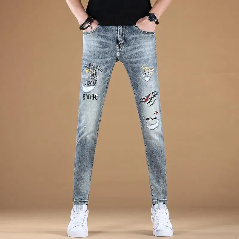 

Spring Autumn Punk Skinny Jeans Men Star Washed Print Motorcycle Denim Luxury Korean Fashion Slim Stretch Eagle Embroidery Jeans