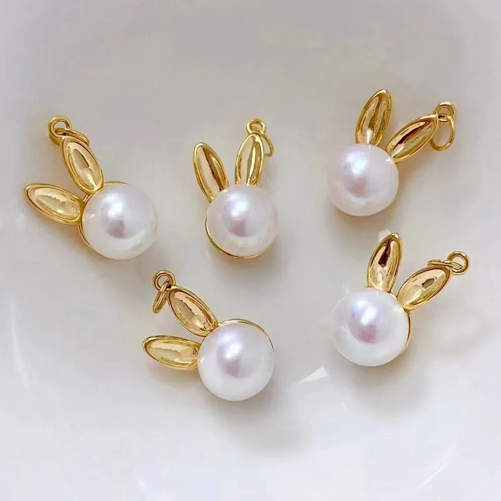 S925 Sterling Silver and Gold Rabbit Necklace Pendant, Round Flat, DIY Pearl Accessories, Empty, Fits 7-9mm, D208