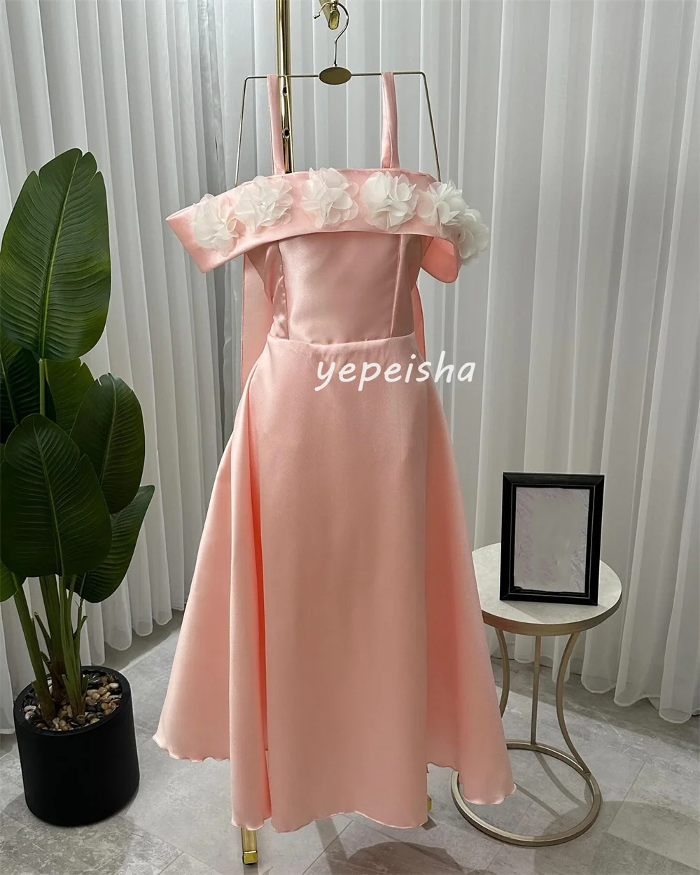 Customized Intricate Pleat Ruched Handmade Flower Rhinestone A-line Off-the-shoulder Midi Dresses Bespoke Occasion Dresses Retro