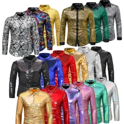 2025 Fashion Shiny Clashing/Color Blocking Disco Long Sleeve Gold Mens Shirts,Hot Stamped Raindrop/Snake Pattern Camisas Hombre