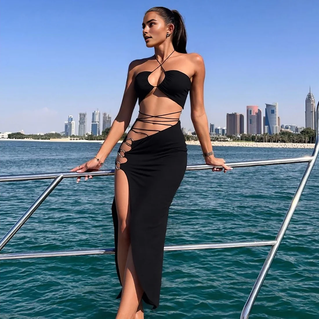 

Halter Hollow Women's Skirt Suit Metal Ring High Split Dress Black Backless Sleeveless Party Gown Newest New Arrival In Stock
