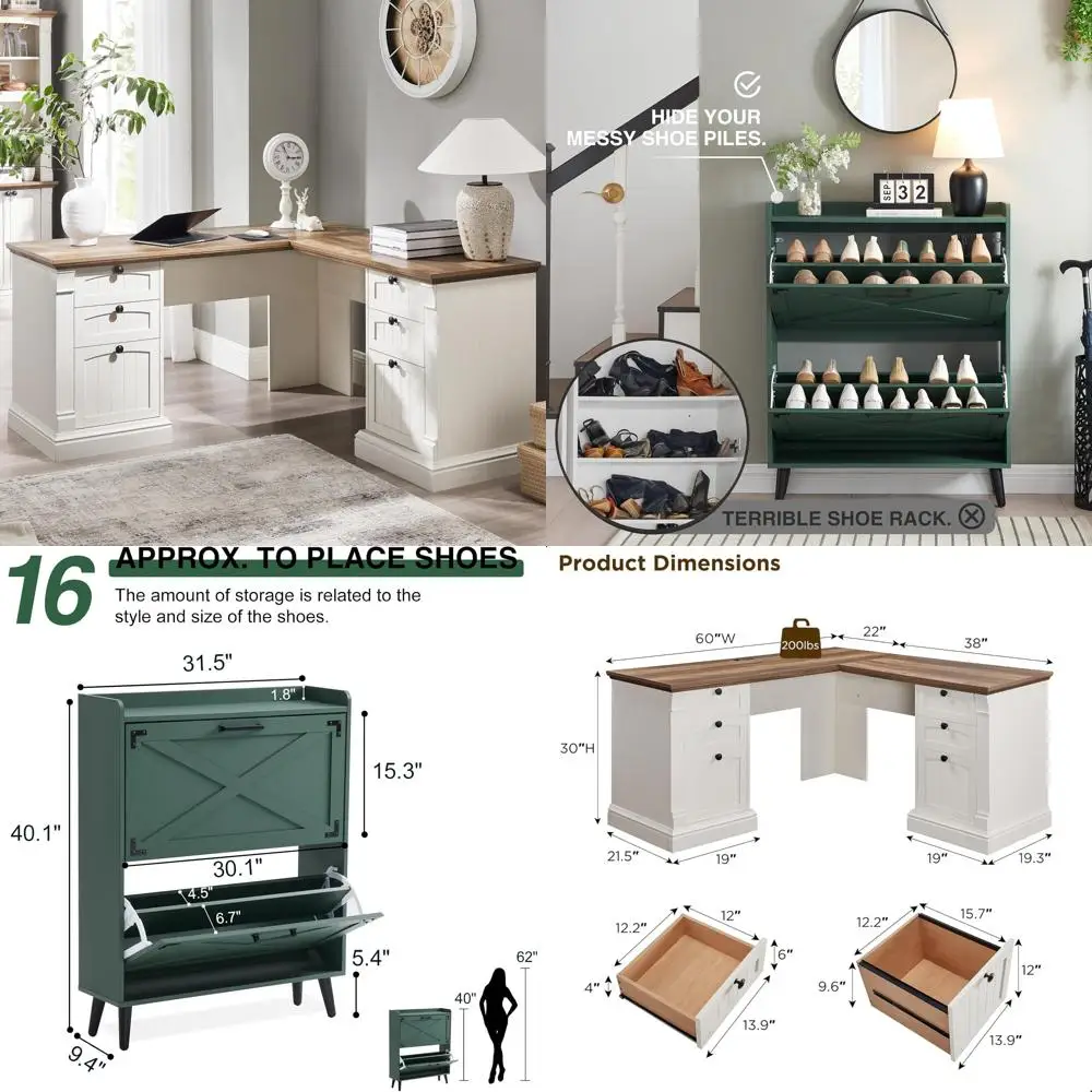 

60-дюймовый L-образный стол для руководителя, стол для домашнего офиса в стиле фермерского дома с зарядной станцией, хранилище для документов, деревянный угловой дизайн