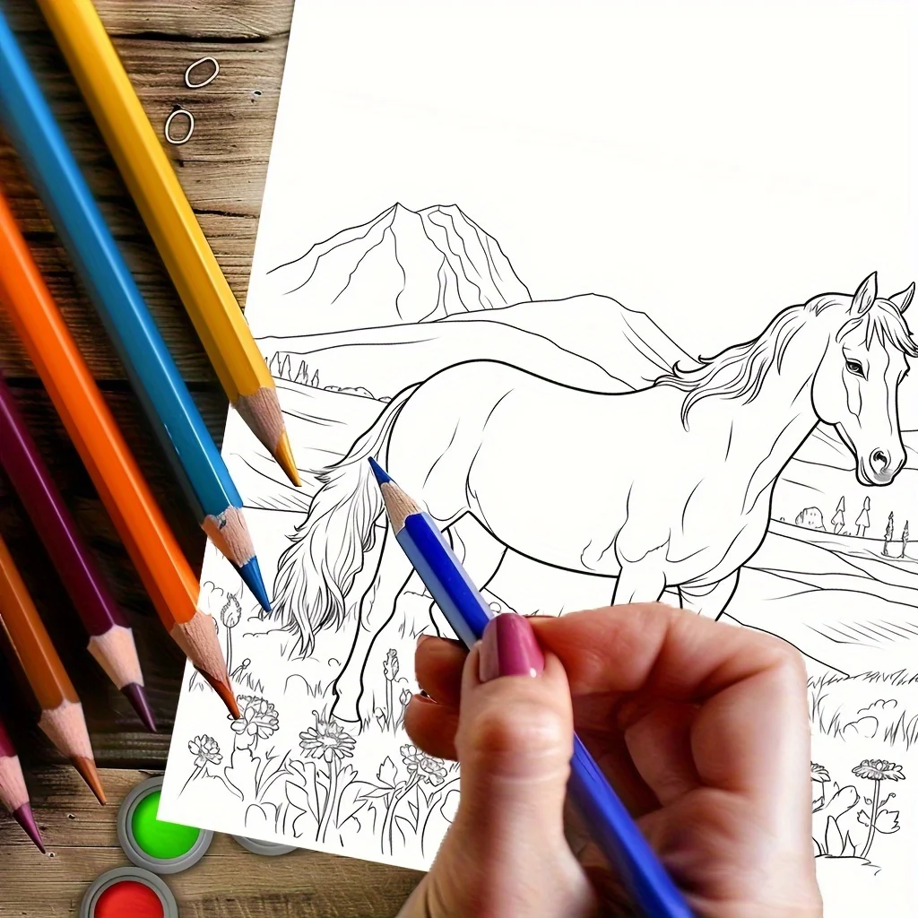 28 صفحة كتاب تلوين عالم الحصان الجميل لتقليل التوتر للبالغين |   كتاب تلوين لتخفيف التوتر وتقليل المزاج